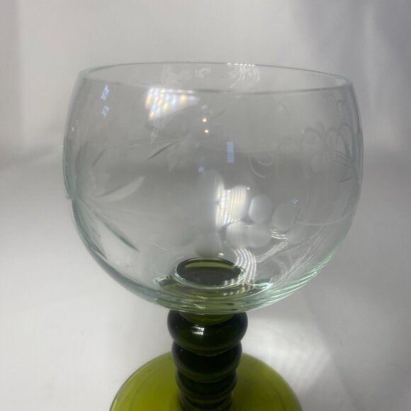 4 Vtg German Roemer Olive Green Wine Cordial Glass Etched Grape Vine Ball EUC - Picture 2 of 10